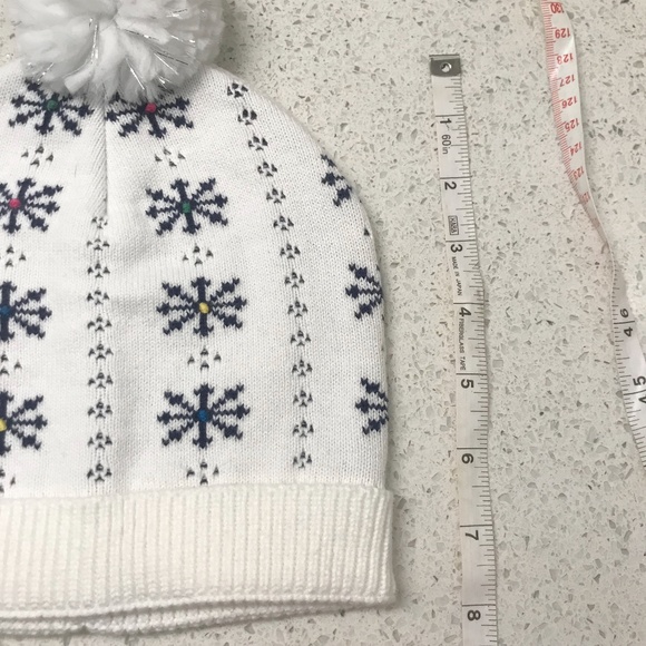 Kids Youth White & Navy Snowflake Pom Pom Beanie With Rainbow Dots - Picture 7 of 8